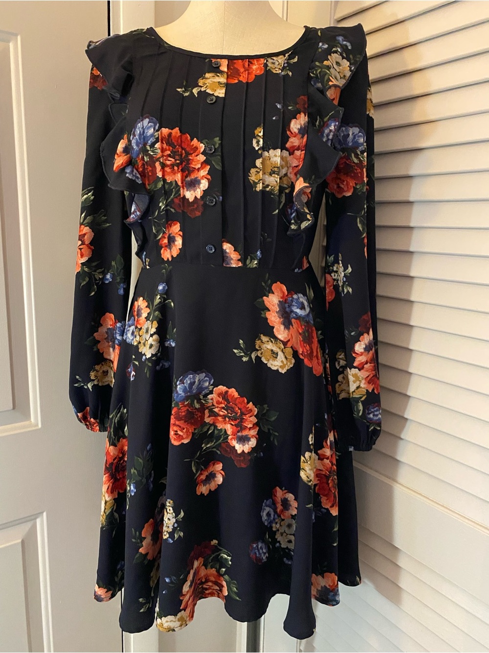Xhilaration Navy Floral Long-Sleeve Ruffle Dress- Size Medium